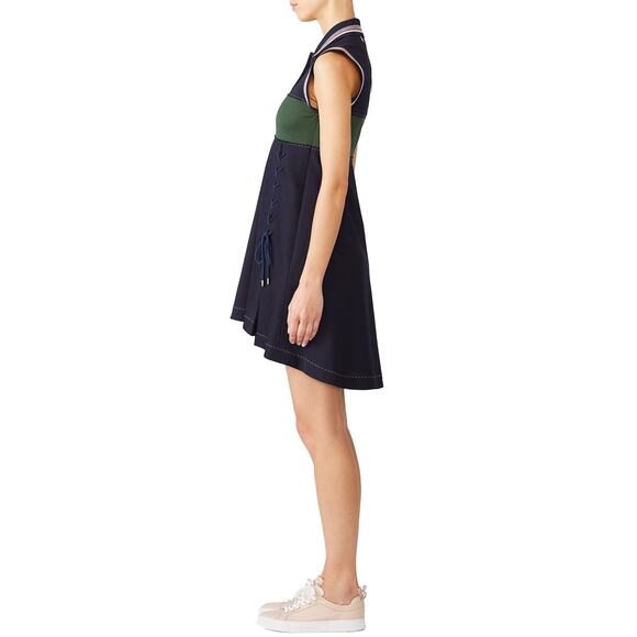 Carven Lace Up Navy Blue Green Mini Collared Polo Shirt Dress Size 38 - Picture 3 of 7